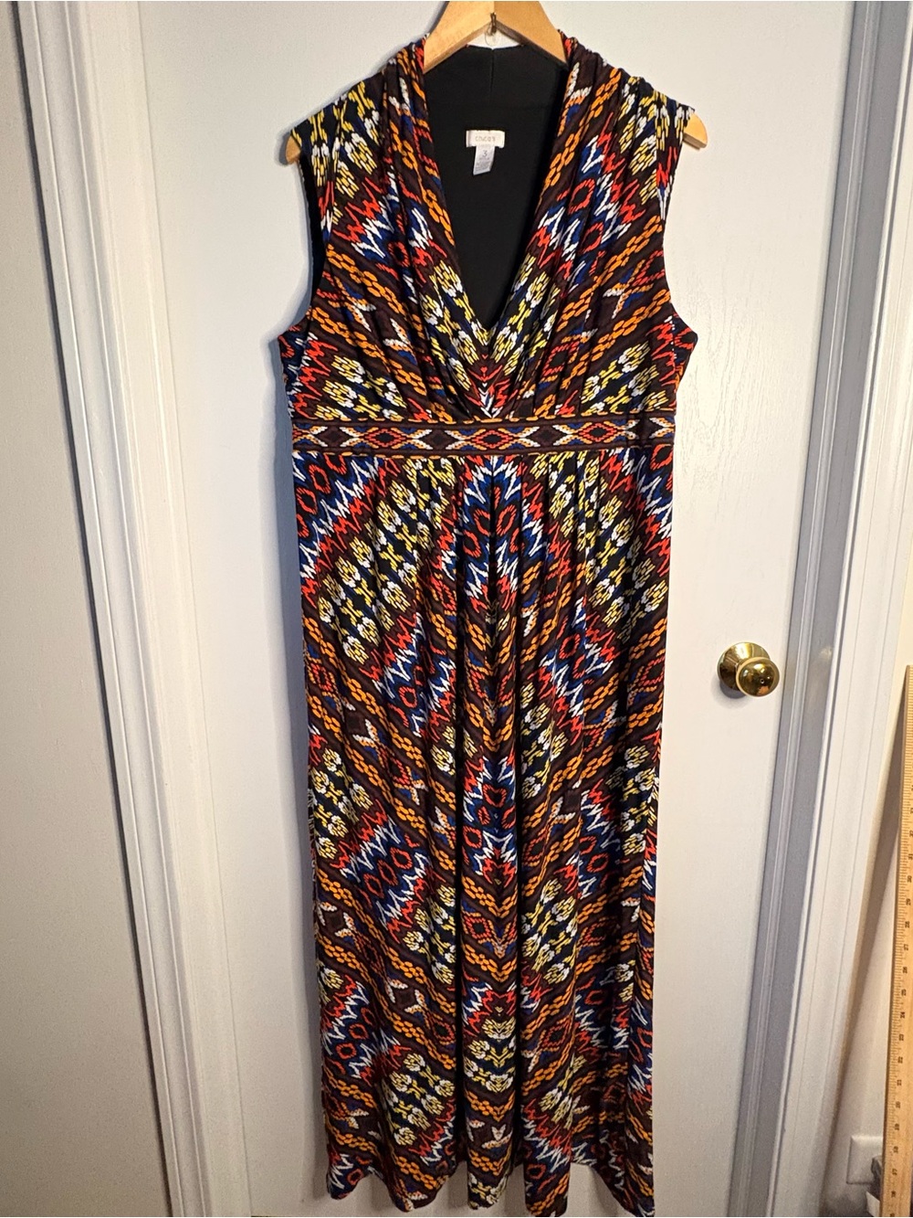 Chico's Geometric Multicolor Maxi Dress SzXL Ruched Jersey Stretch V-Neck Tribal